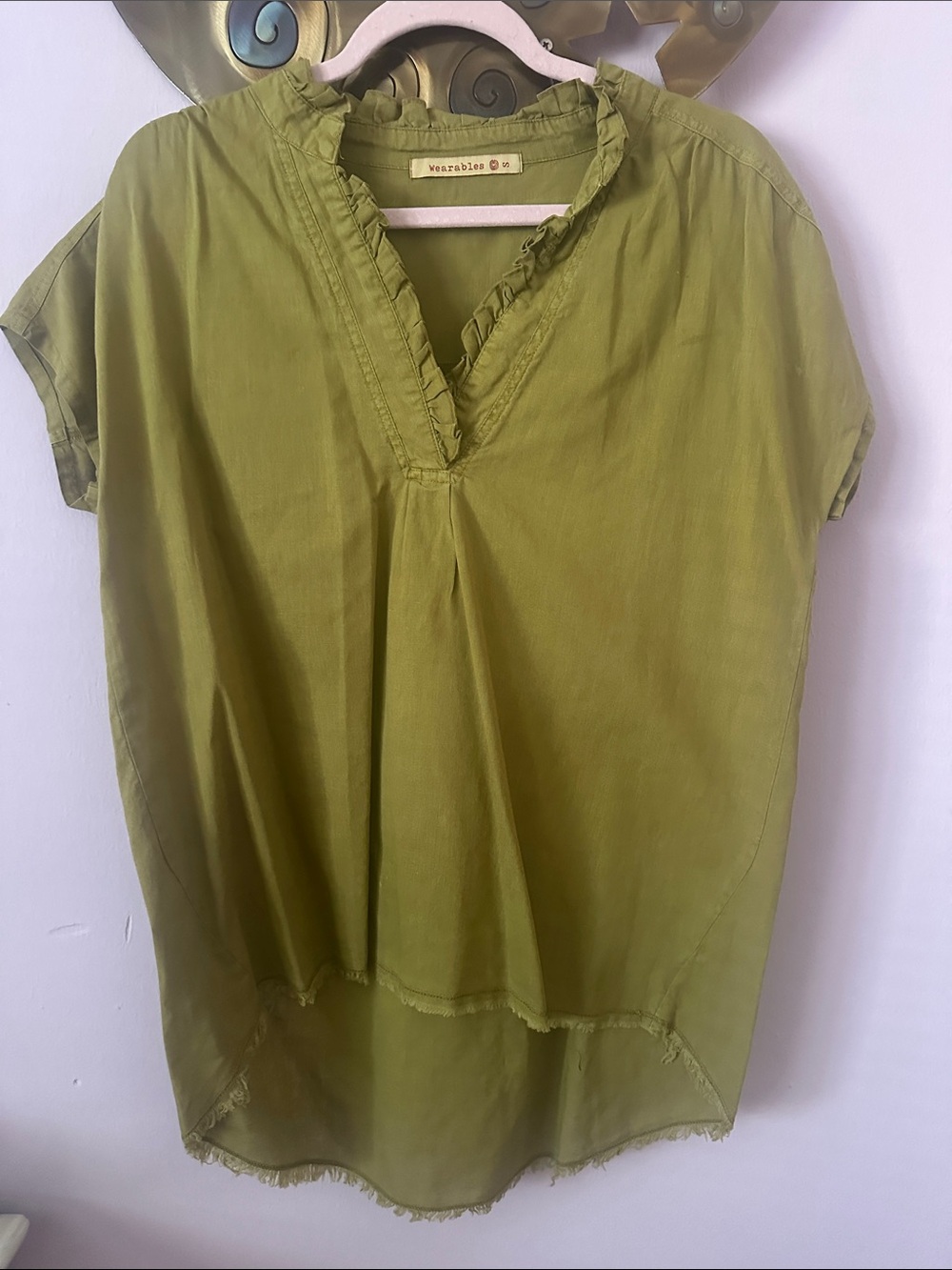 Wearables Olive Green Ruffle Trim V-Neck Tunic